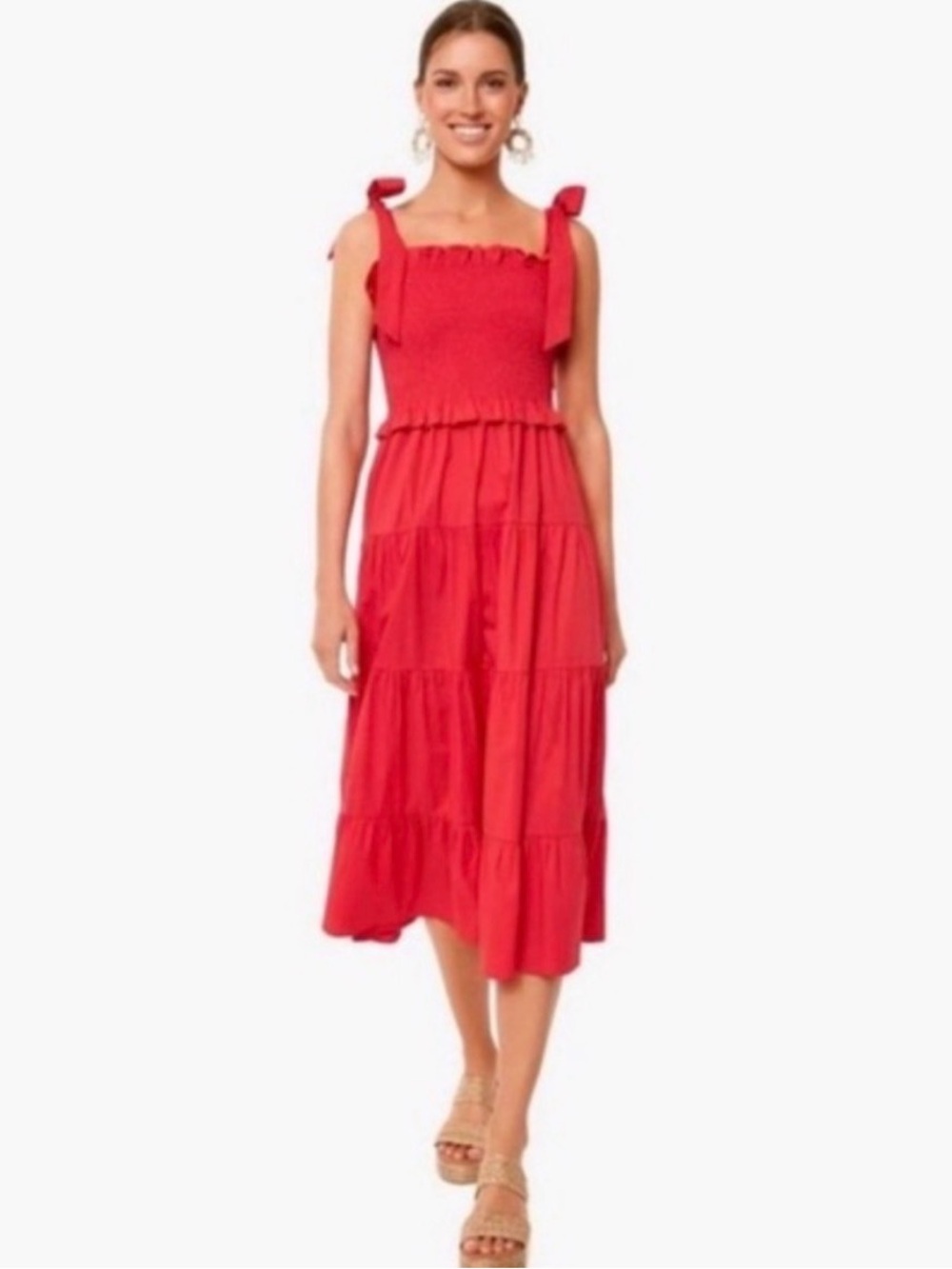 Tuckernuck Coral Smocked Tie Strap Tiered Midi Dress Womens Large Cottagecore